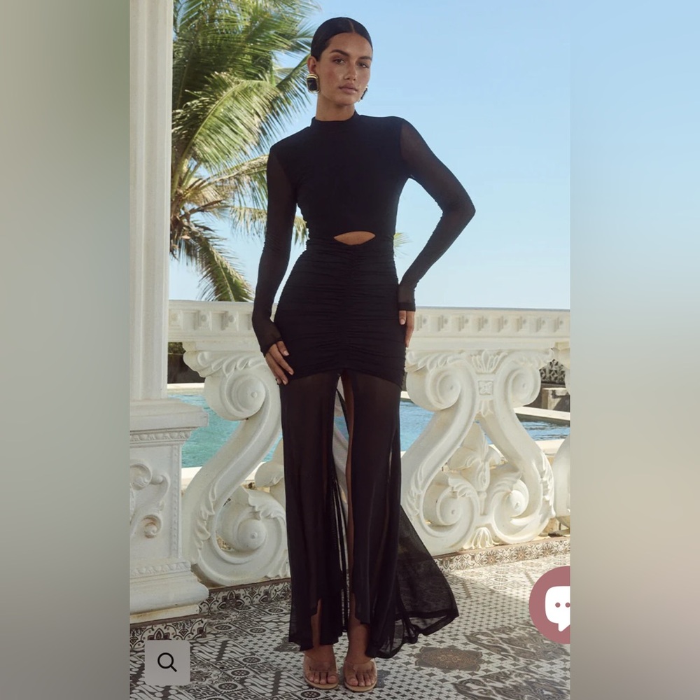 Black Long-Sleeve Ruched Midi Dress with Sheer Skirt and Cutout